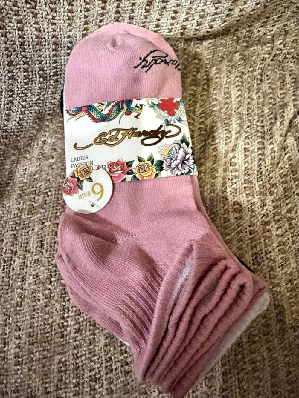 Ed Hardy Ribbed Ankle Socks 5-Pair Set Pink & Black NWT